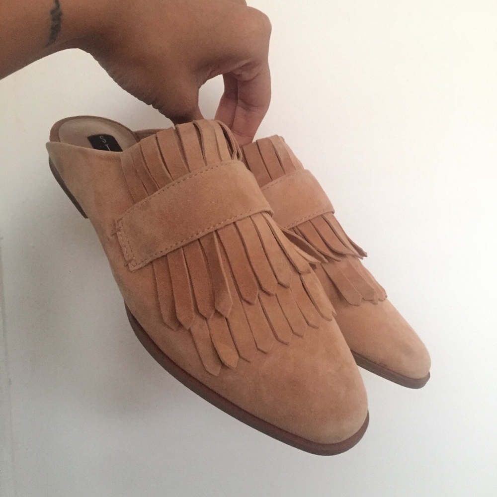 suede fringed mules